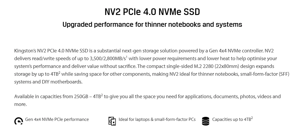قرص SSD داخلي Kingston NV2 سعة 2TB نوع M.2 2280 NVMe PCIe 4.0 بسرعة حتى 3500 ميجابايت/ث