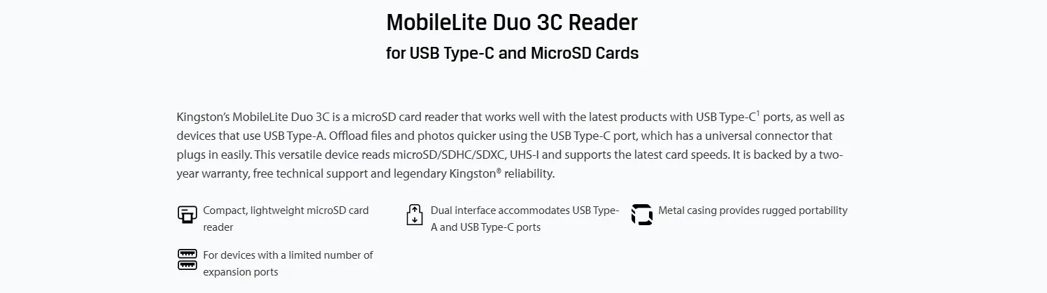 قارئ بطاقات MicroSD من Kingston MobileLite Duo 3C بمنفذي Type-C وUSB-A