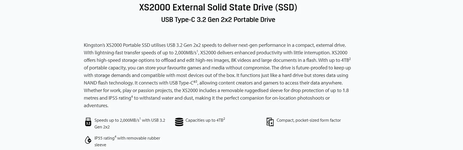 قرص SSD خارجي Kingston XS2000 سعة 1TB بحجم الجيب USB 3.2 Gen 2 Type-C