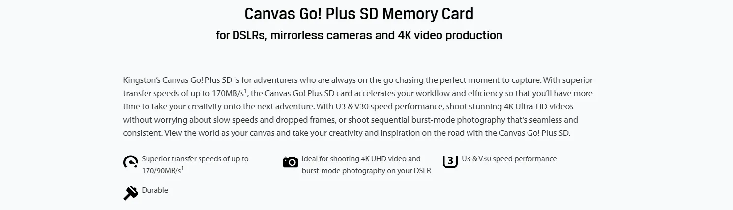 Kingston 128GB SDXC Memory Card Canvas Go Plus 170MB/s UHS-I C10 U3 V30