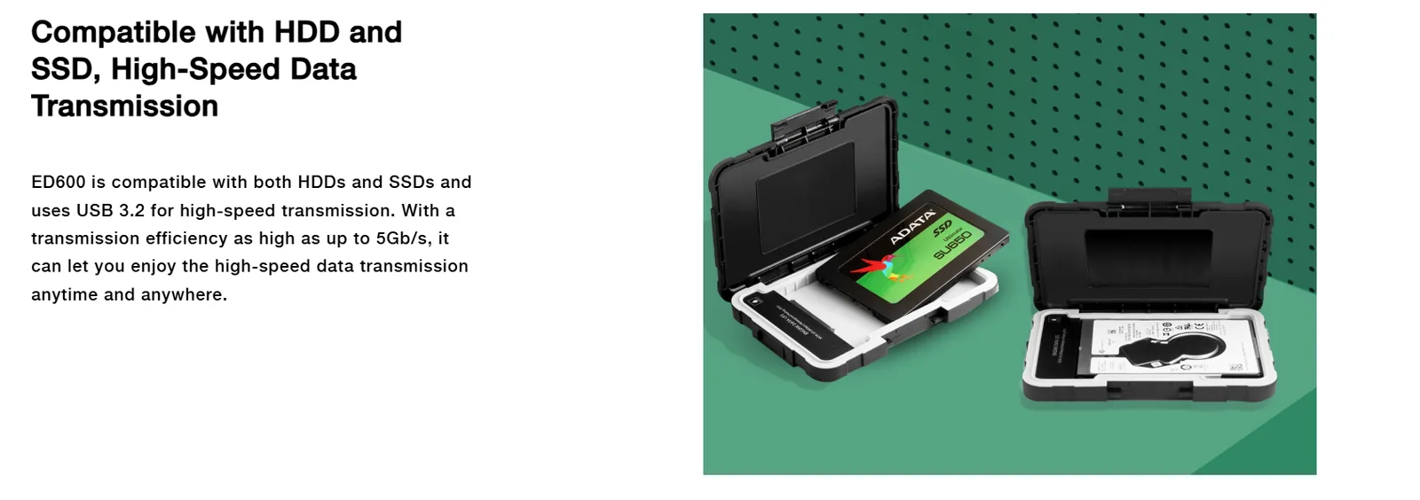 ADATA ED600 SSD/HDD Enclosure Tool-Free Easy Swap IP54 Waterproof Shockproof Dust Proof 2.5" USB 3.1
