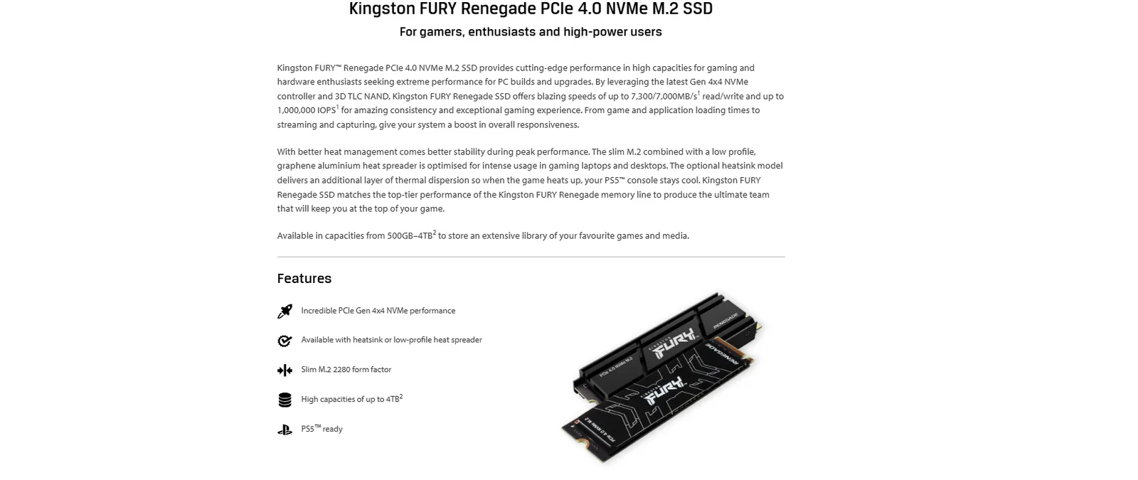 قرص SSD داخلي Kingston FURY Renegade سعة 1TB نوع M.2 NVMe PCIe 4.0 مع مشتت حراري من الألمنيوم