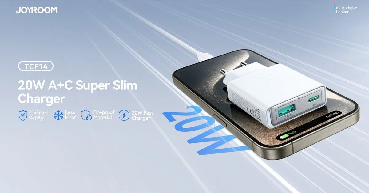 Joyroom USB-C + USB-A Ultra Slim Charger - 20W