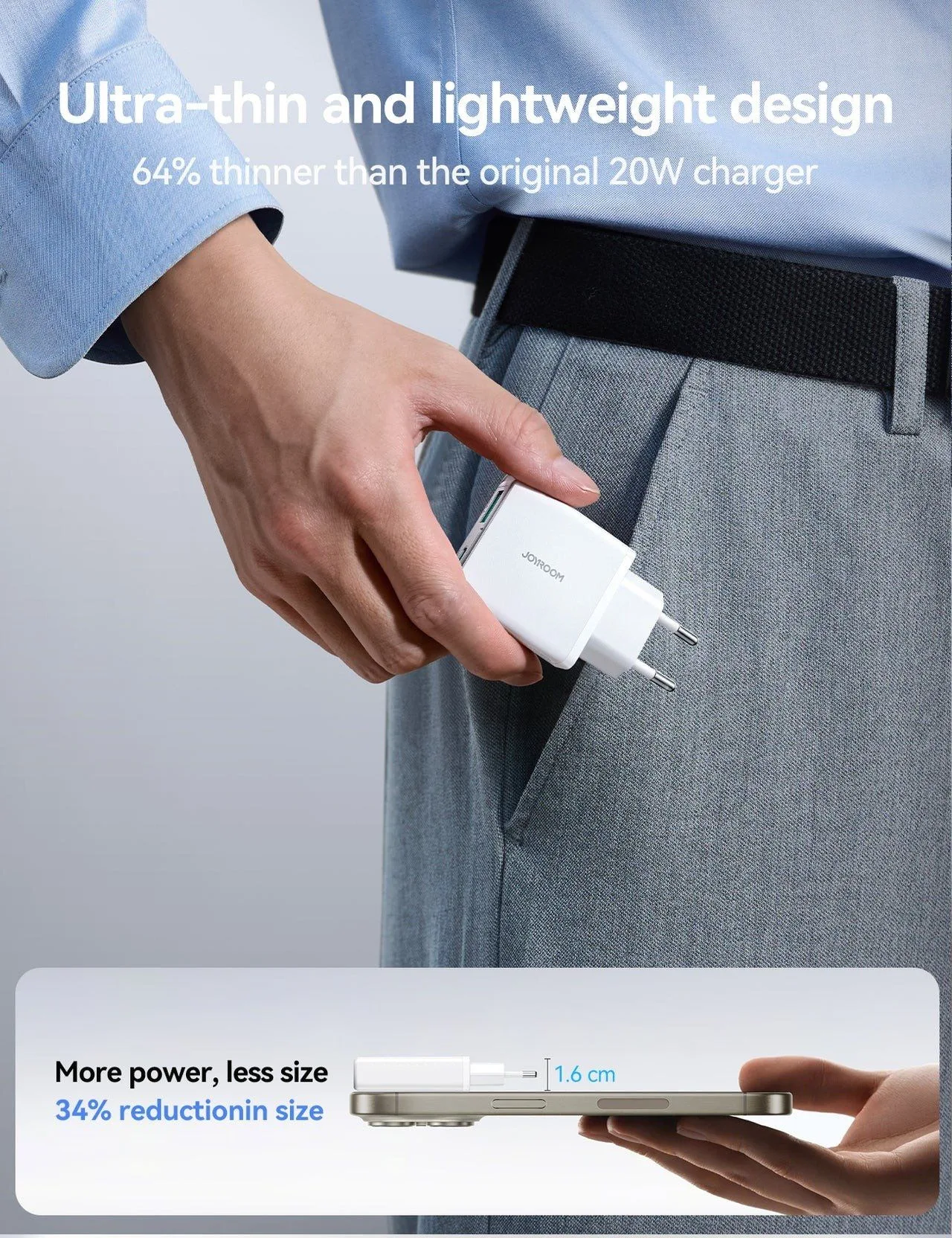 Joyroom USB-C + USB-A Ultra Slim Charger - 20W