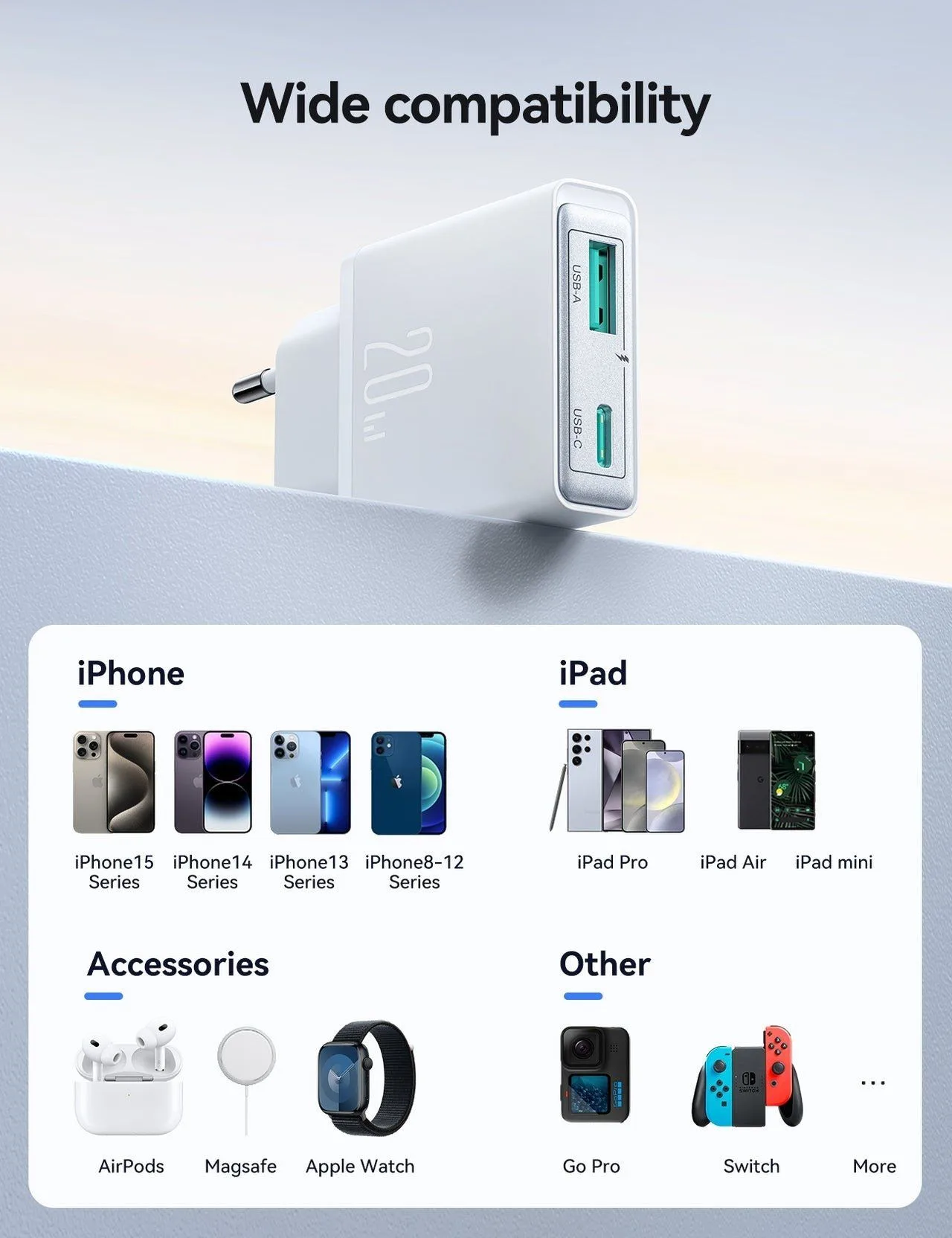 Joyroom USB-C + USB-A Ultra Slim Charger - 20W
