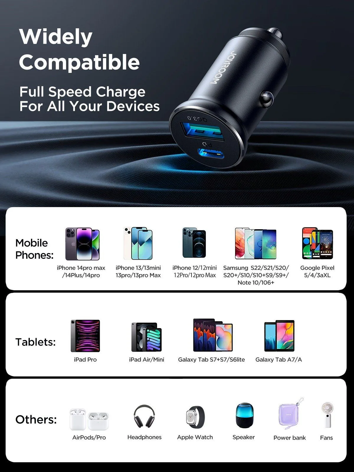 شاحن سيارة Joyroom معدني صغير بمنفذي USB-C وUSB-A - قدرة 30 واط