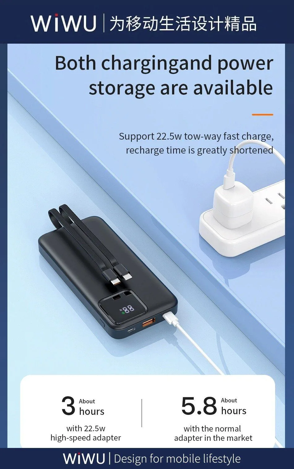 Wiwu LED Display Built-in Cable 10K Power Bank 22.5W