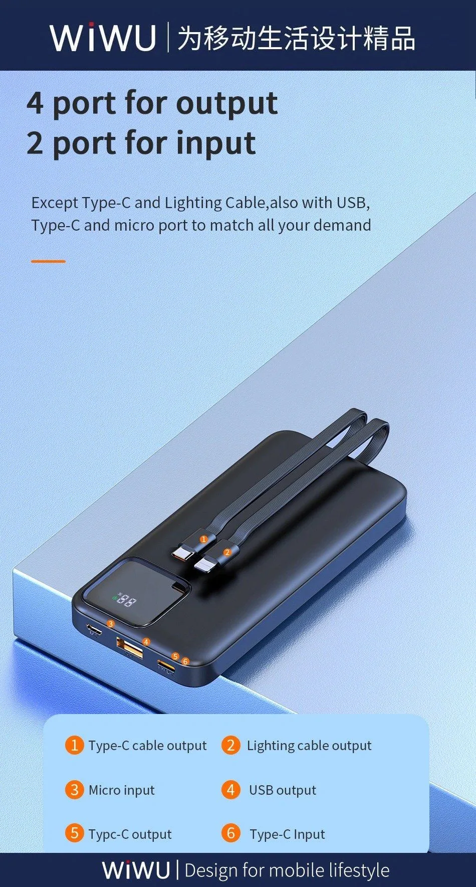 Wiwu LED Display Built-in Cable 10K Power Bank 22.5W