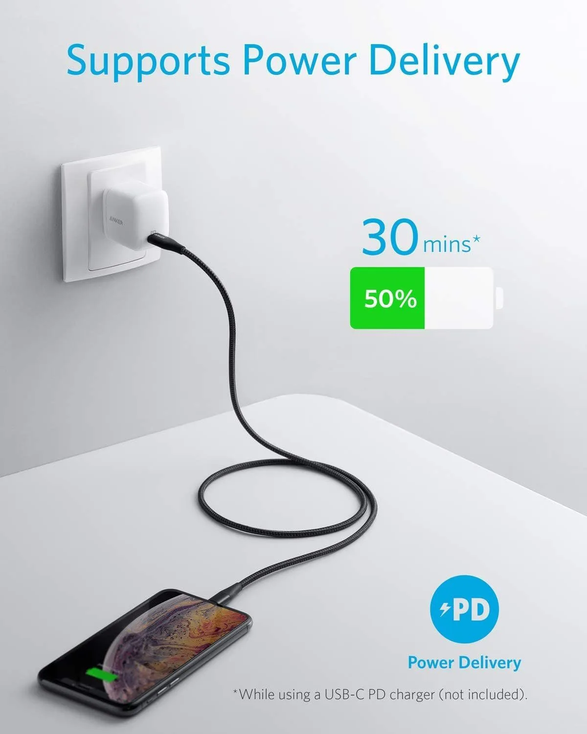 Anker PowerLine+ II USB C to Lightning Cable Braided Nylon Fast Charging 6ft/1.8m Cable