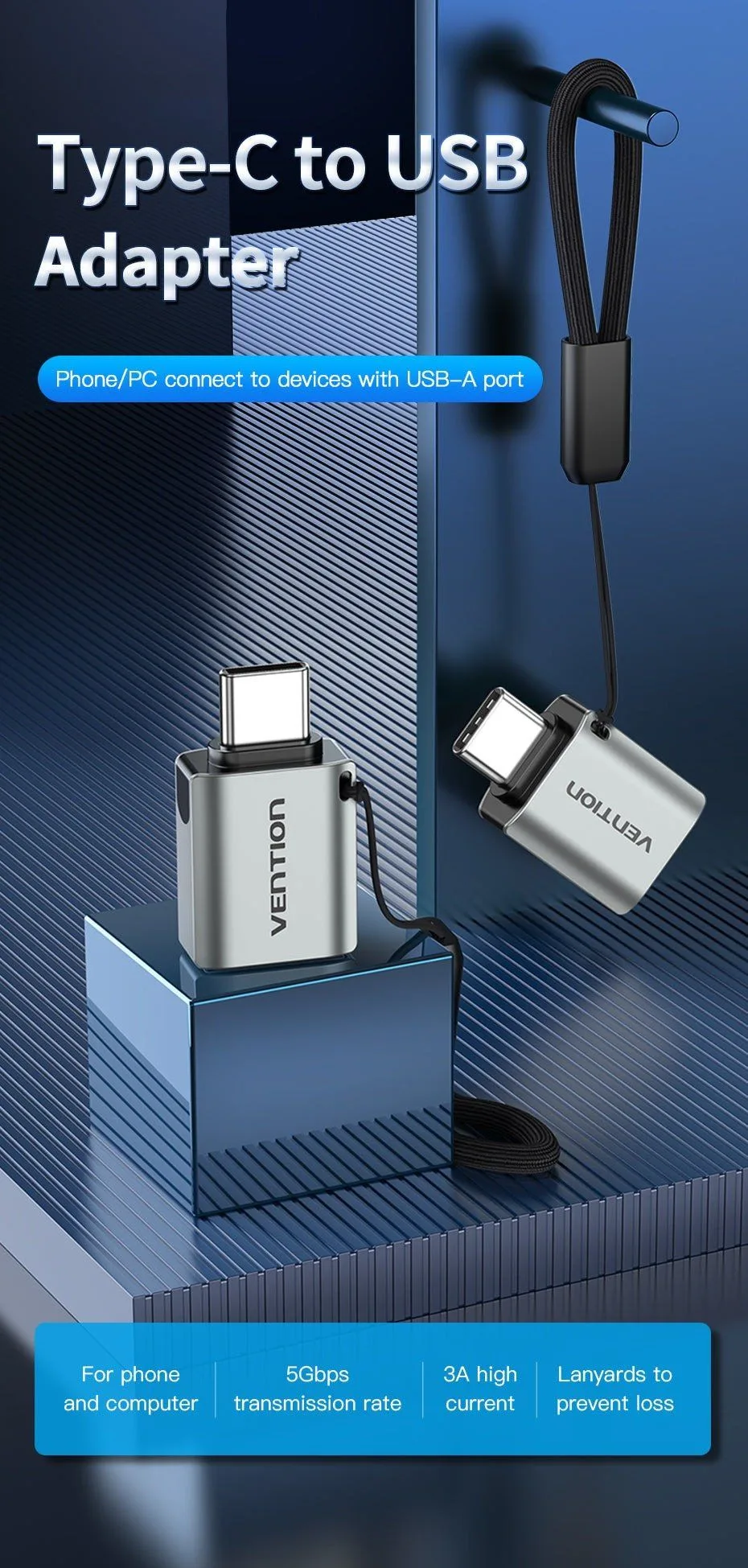 محوّل OTG من Vention من USB-C ذكر إلى USB-A 3.0 أنثى من الألمنيوم - رمادي - CDQH0