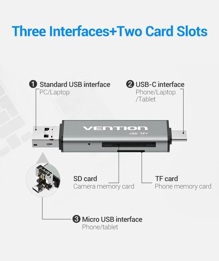 Vention USB-C / USB-A / Micro USB - Metal Card Reader - CCJH0