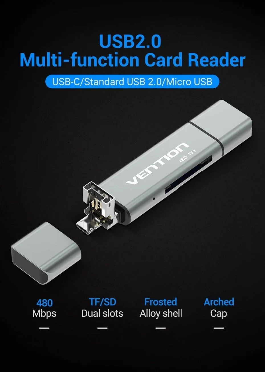 Vention USB-C / USB-A / Micro USB - Metal Card Reader - CCJH0