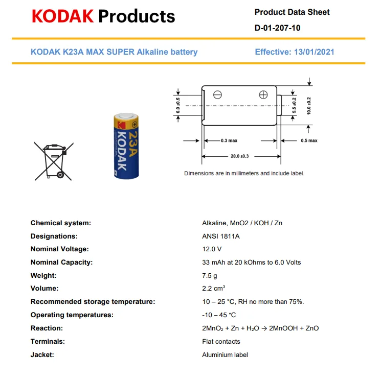 KODAK 23A MAX Super Alkaline Batteries 12V