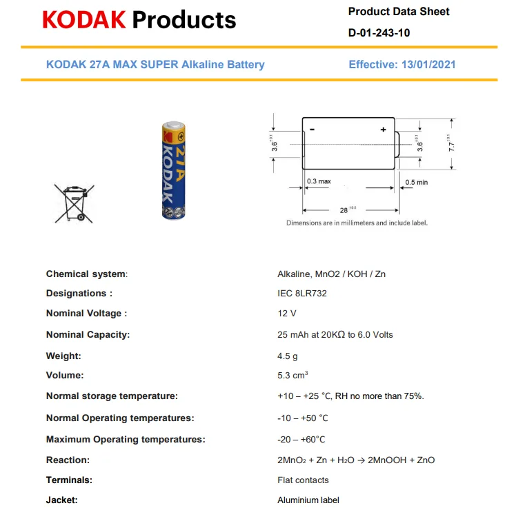 KODAK 27A MAX Super Alkaline Batteries 12V