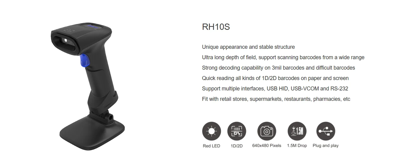 قارئ باركود ثنائي الأبعاد سلكي SUNLUX RH10S مع حامل