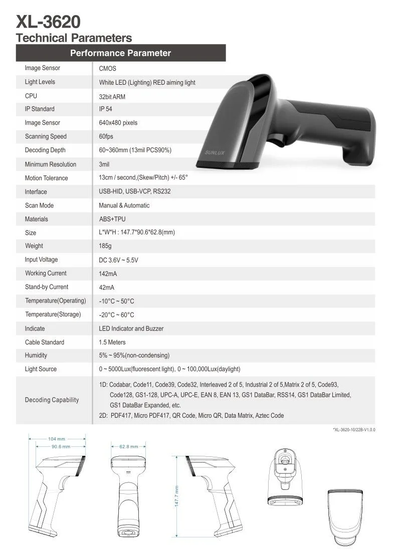 قارئ باركود يدوي ثنائي الأبعاد سلكي SUNLUX XL-3620