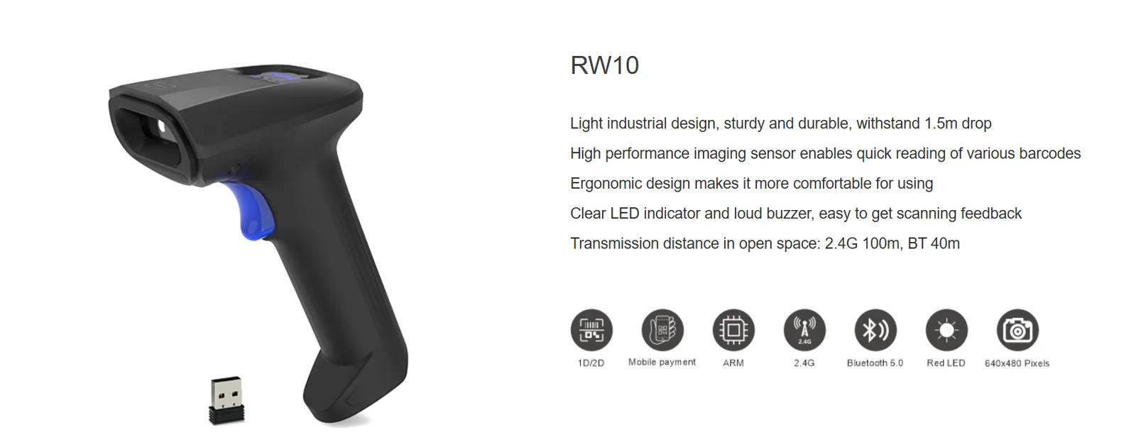 SUNLUX 2D Wireless Barcode Scanner - RW10