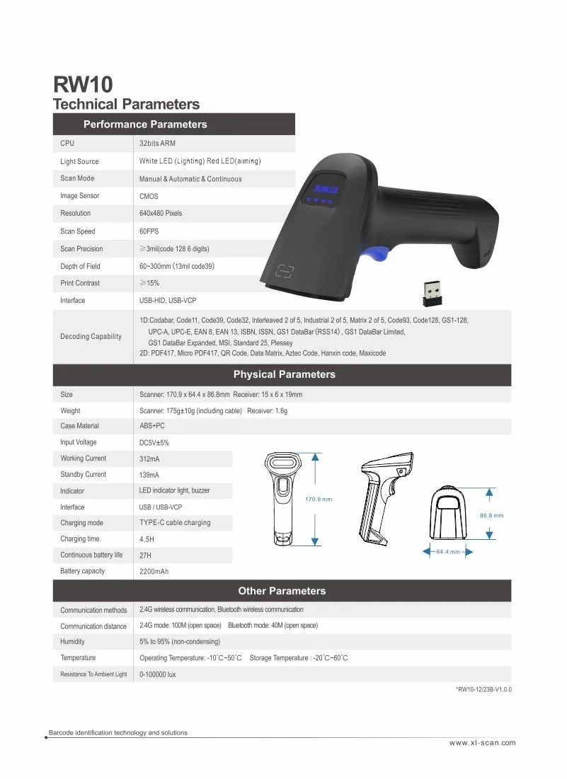 SUNLUX 2D Wireless Barcode Scanner - RW10