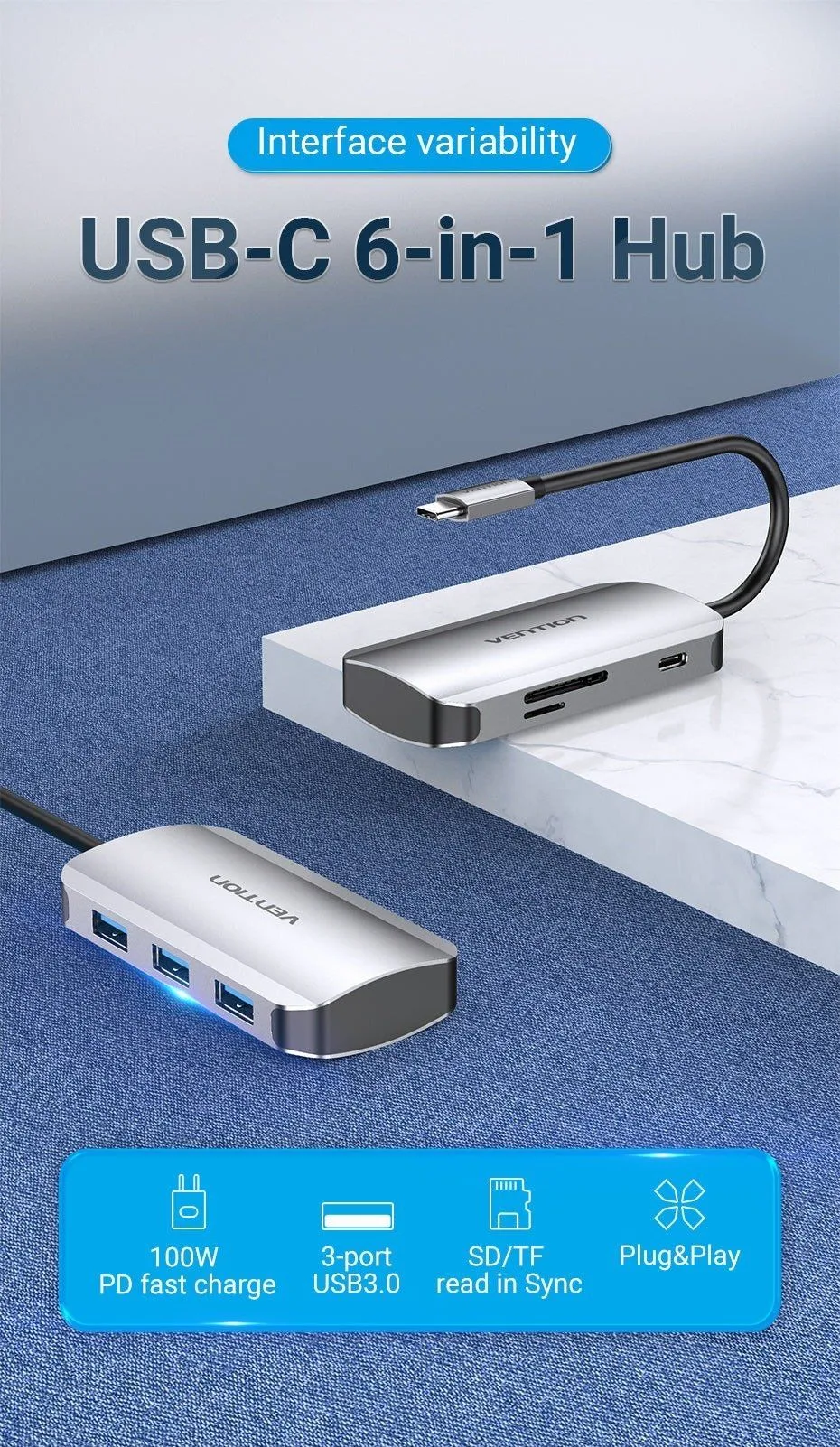 موزّع USB-C من Vention بستة منافذ 6 في 1 - TNHHB