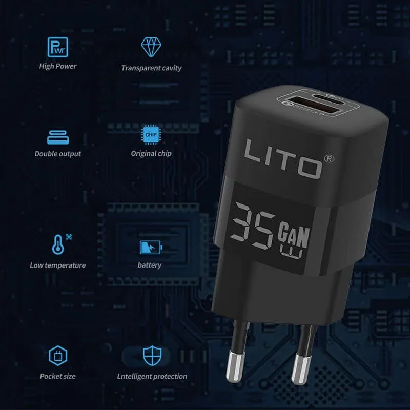 شاحن LITO LT-G01 بتقنية GaN بمنفذي Type-C وUSB-A - قدرة 35 واط
