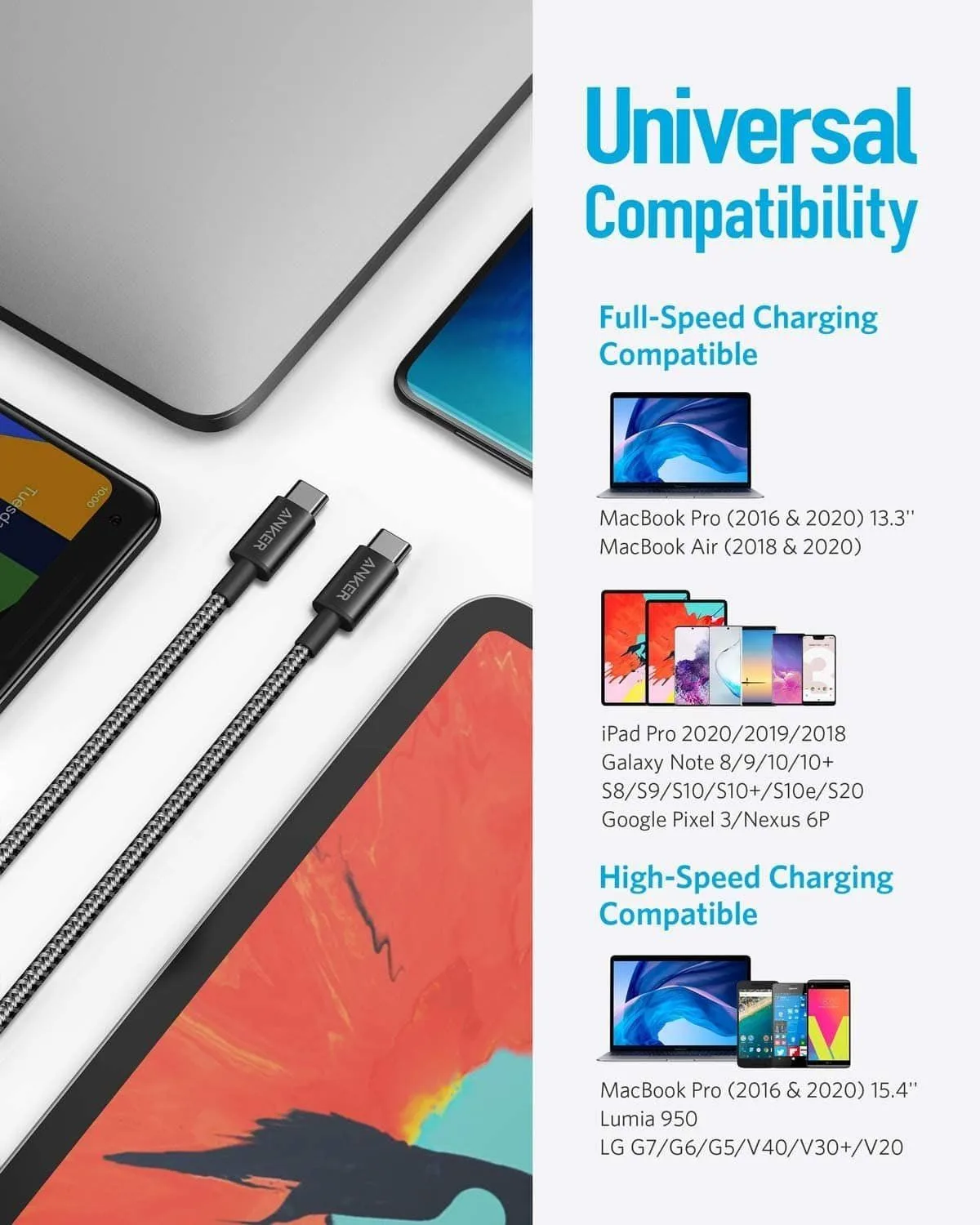 كابل Anker من USB-C إلى USB-C مجدول متين للشحن السريع بطول 1.8 متر - 60 واط