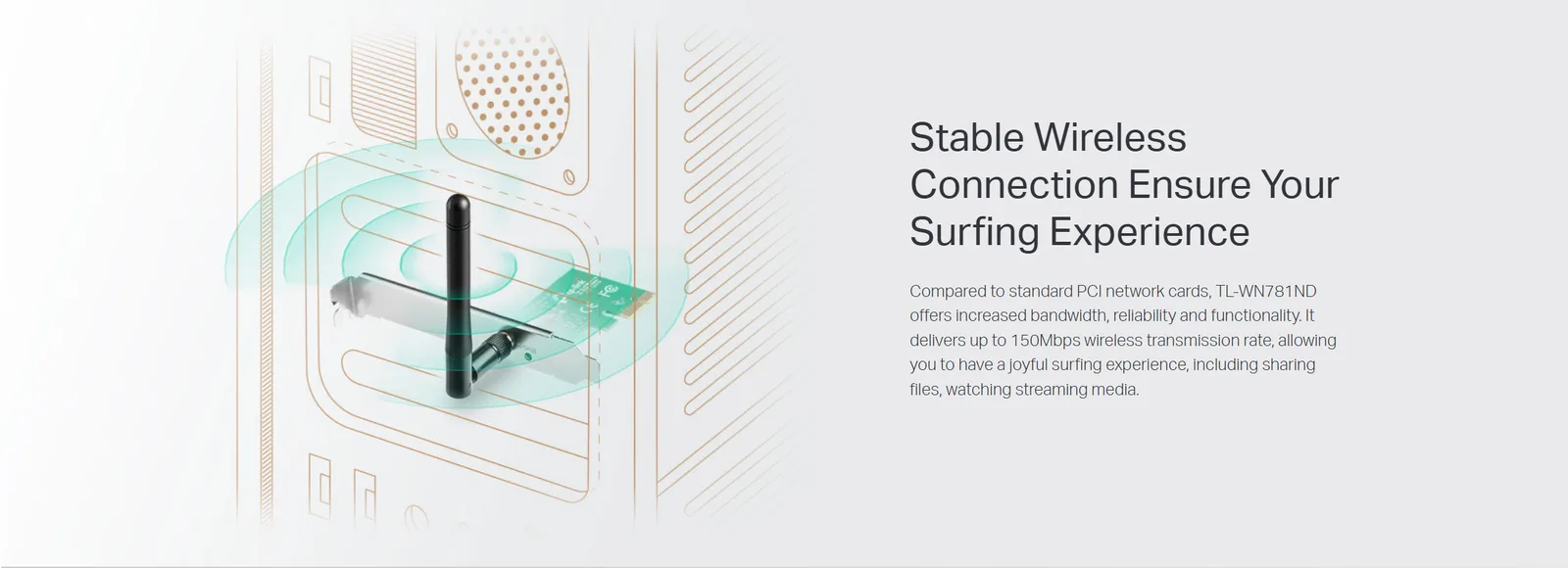 كرت شبكة لاسلكي TP-Link TL-WN781ND بمنفذ PCI Express بسرعة 150 ميجابت/ث