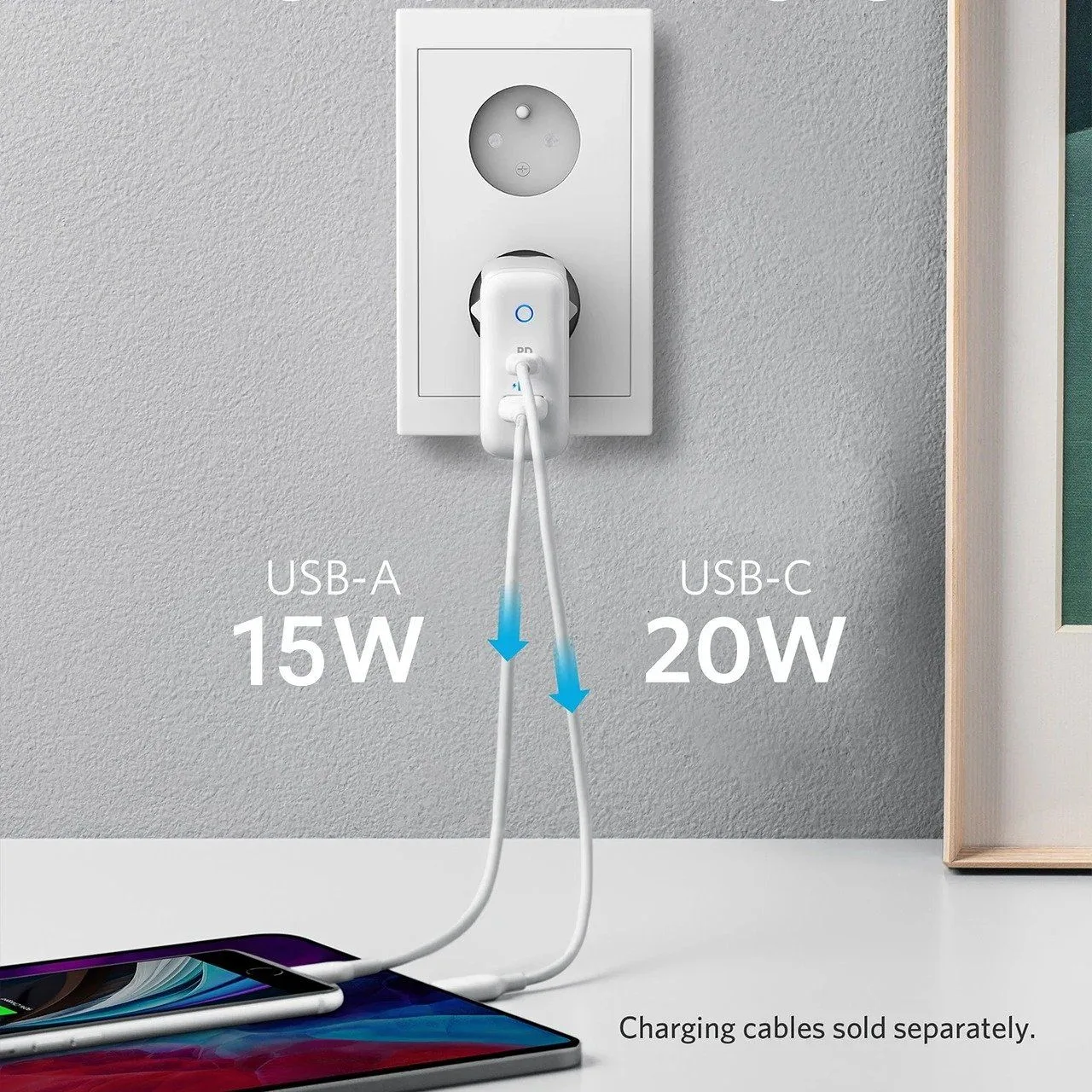شاحن Anker PowerPort PD+2 بمنفذي USB-C وUSB-A - قدرة 35 واط