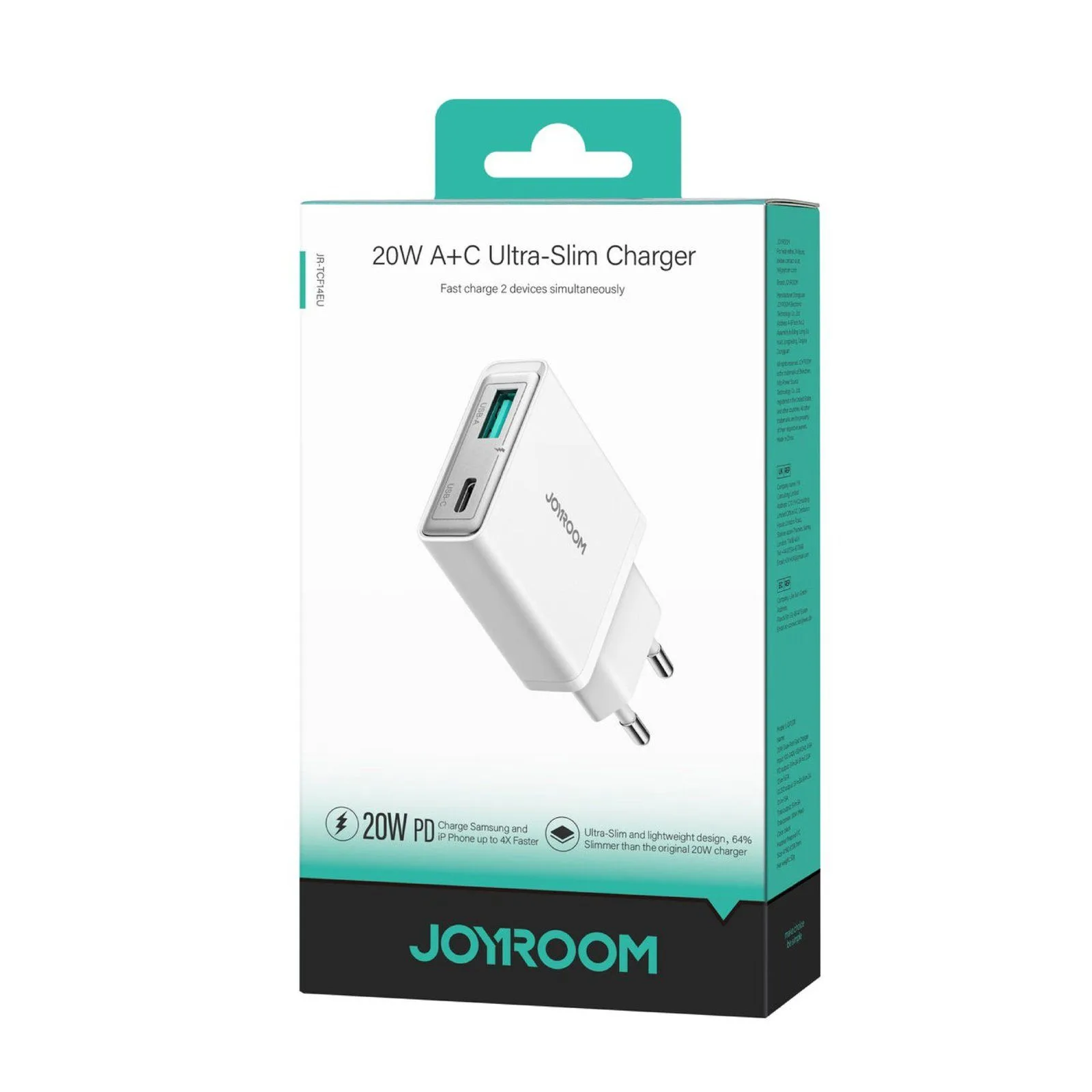 شاحن Joyroom نحيف جداً بمنفذي USB-C وUSB-A - قدرة 20 واط