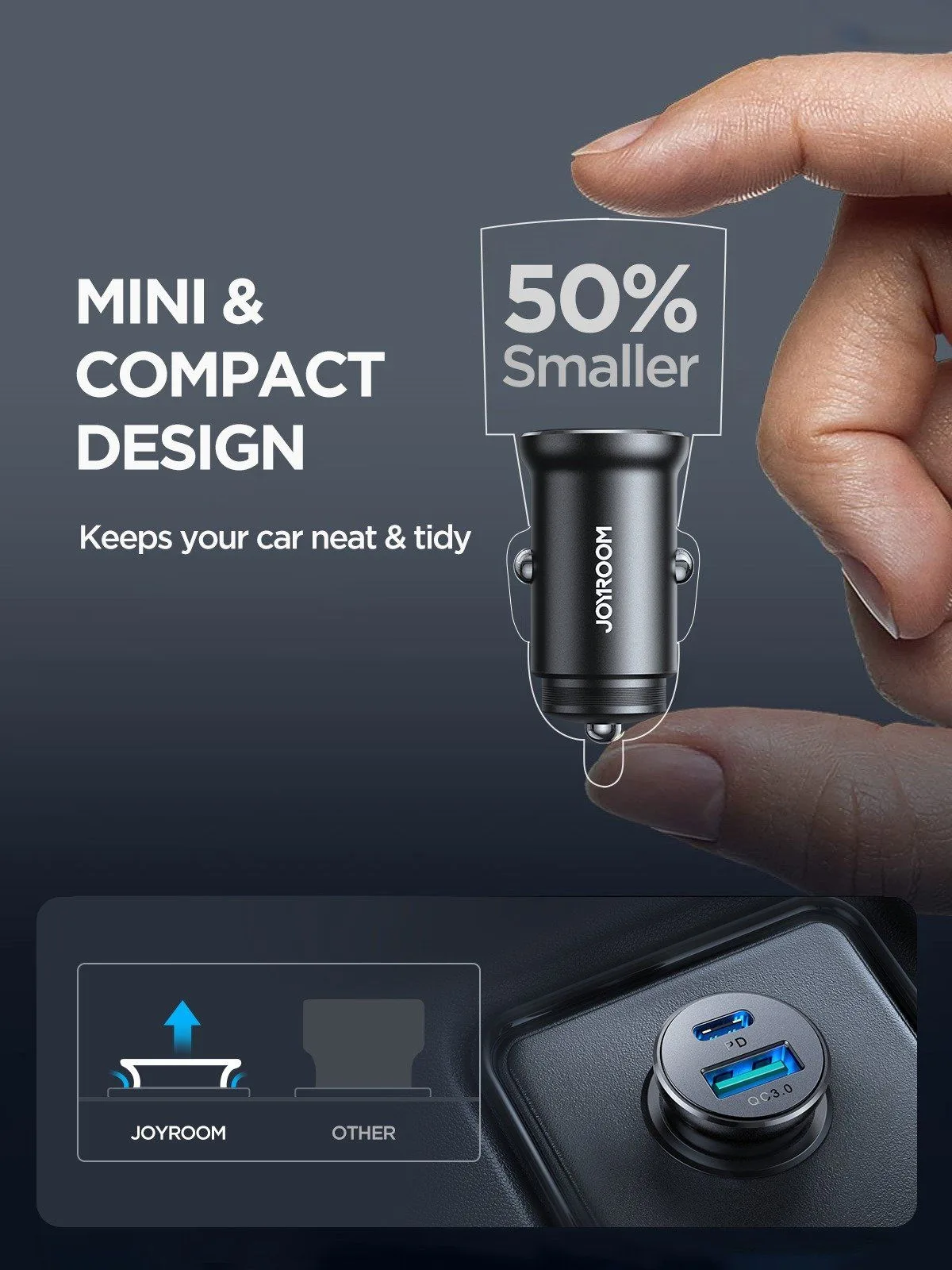 شاحن سيارة Joyroom معدني صغير بمنفذي USB-C وUSB-A - قدرة 30 واط