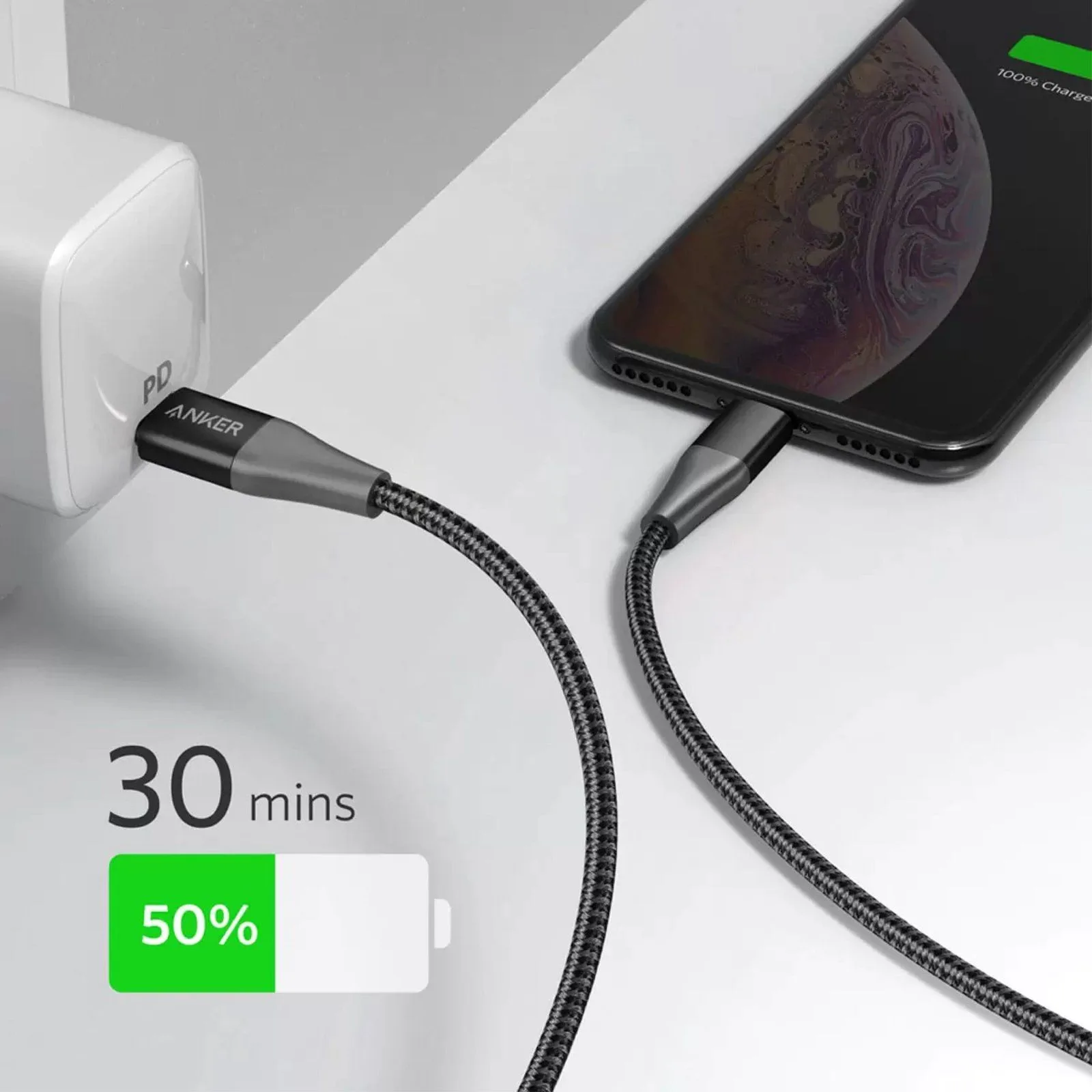 Anker PowerLine+ II USB C to Lightning Cable Braided Nylon Fast Charging 3ft/0.9m Cable