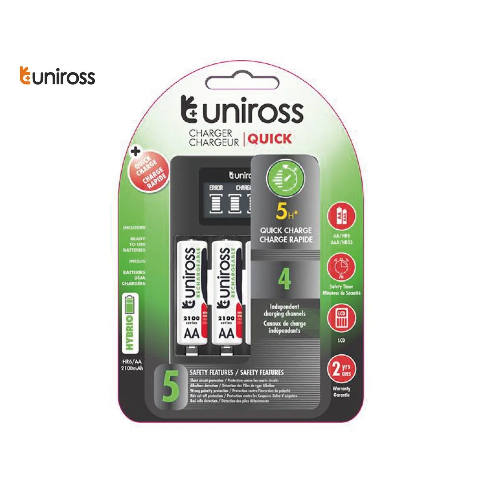 شاحن بطاريات Uniross Super Compact مع 4 بطاريات AA قابلة للشحن NiMH