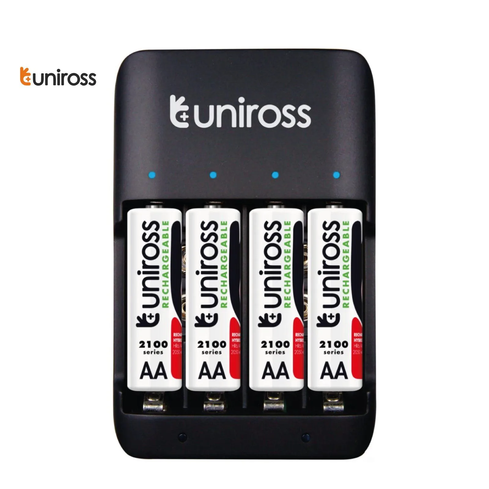 شاحن بطاريات Uniross Super Compact مع 4 بطاريات AA قابلة للشحن NiMH