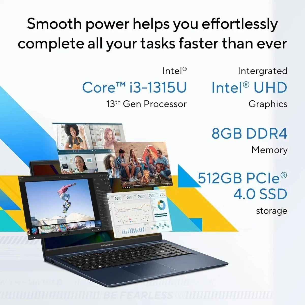 لابتوب ASUS Vivobook 15 X1504VA بمعالج Intel Core i3 الجيل 13، رام 8GB، SSD NVMe سعة 256GB، شاشة 15.6 بوصة Full HD
