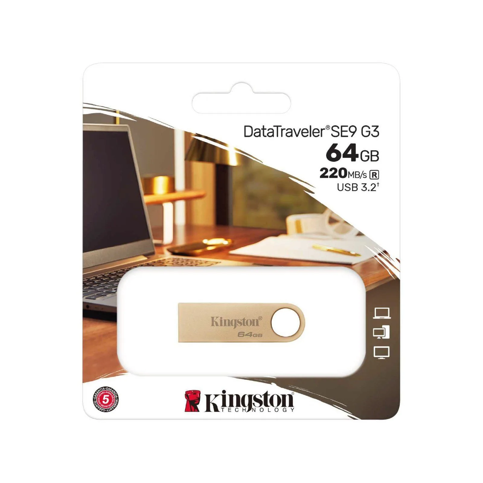 فلاشة Kingston DataTraveler SE9 G3 سعة 64GB بمنفذ USB-A 3.2 - معدنية ذهبية