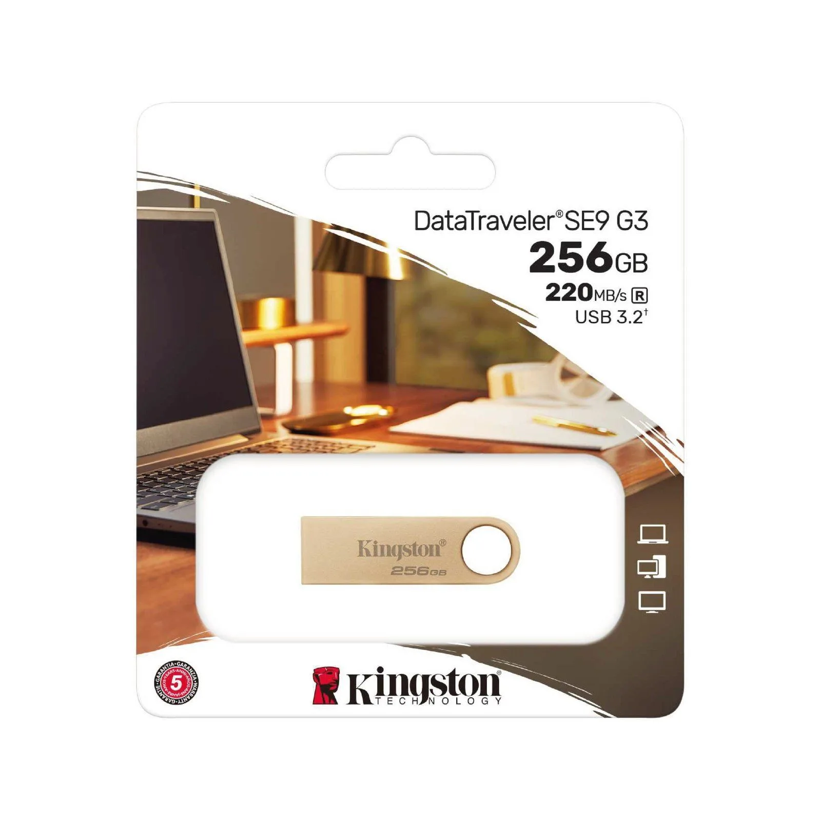 فلاشة Kingston DataTraveler SE9 G3 سعة 256GB بمنفذ USB-A 3.2 - معدنية ذهبية