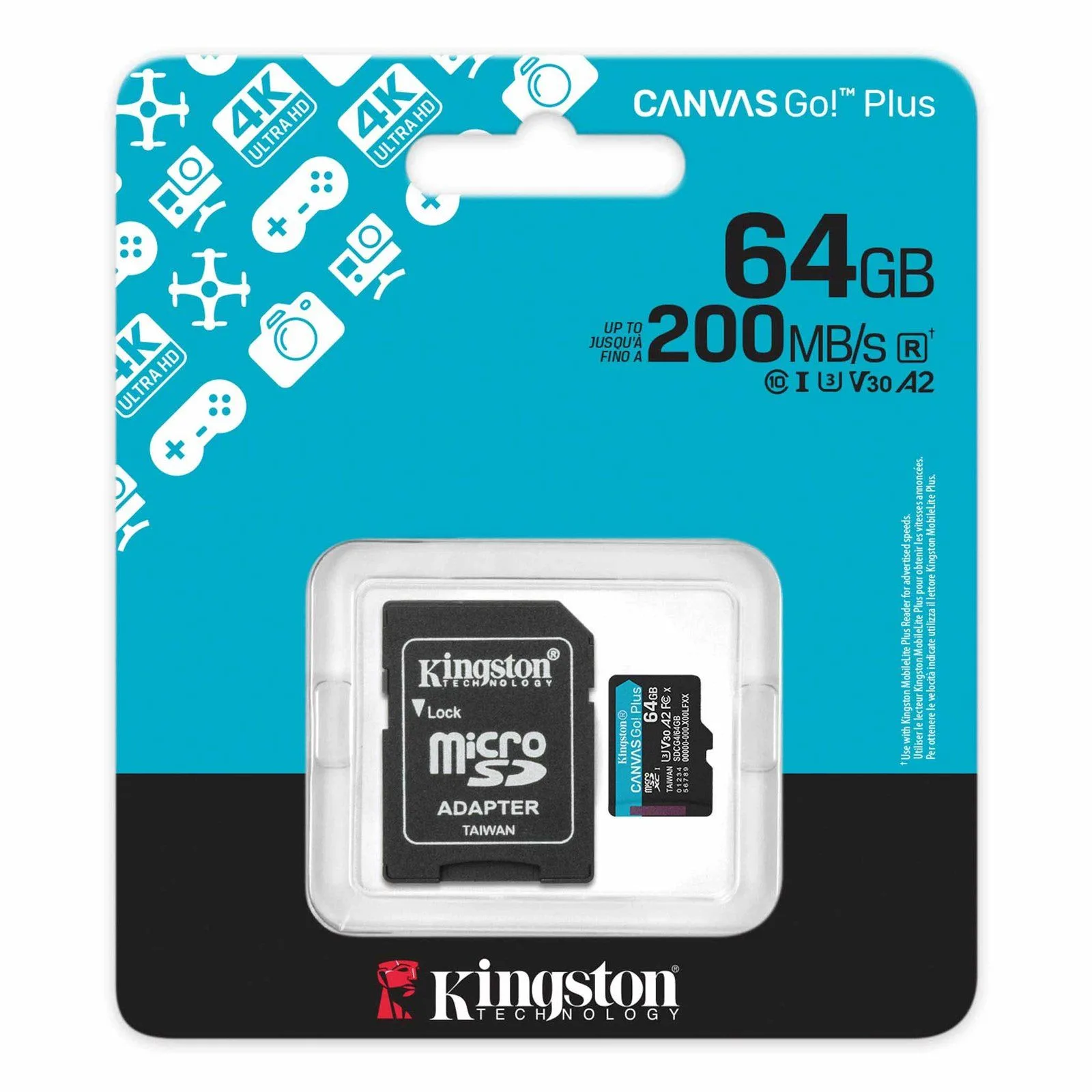 بطاقة ذاكرة MicroSDXC من Kingston Canvas Go! Plus سعة 64GB بسرعة 200 ميجابايت/ث UHS-I U3 V30 A2 مع محوّل