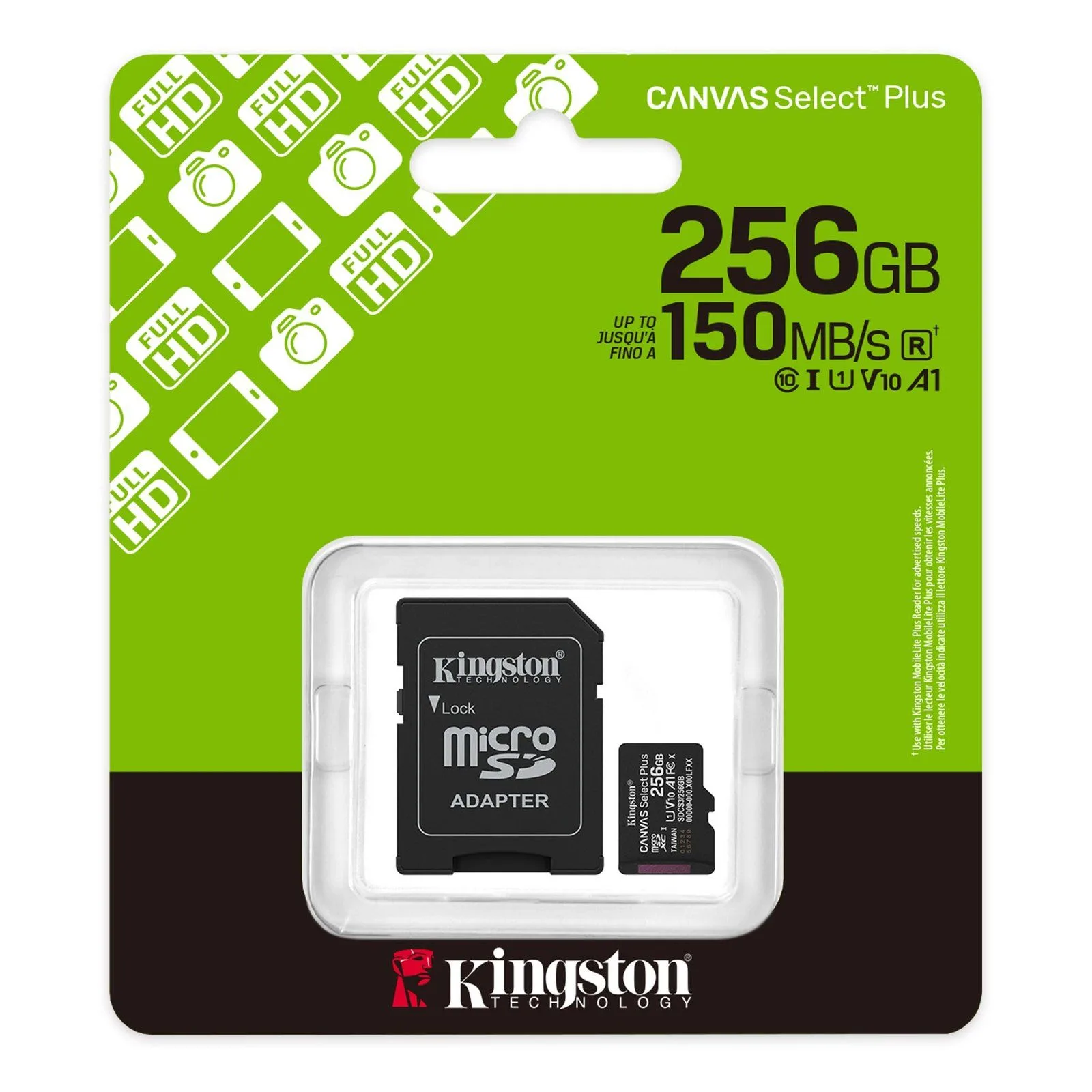 بطاقة ذاكرة MicroSD من Kingston Canvas Select Plus سعة 256GB بسرعة 150 ميجابايت/ث A1 C10 UHS-I مع محوّل - SDCS3/256GB