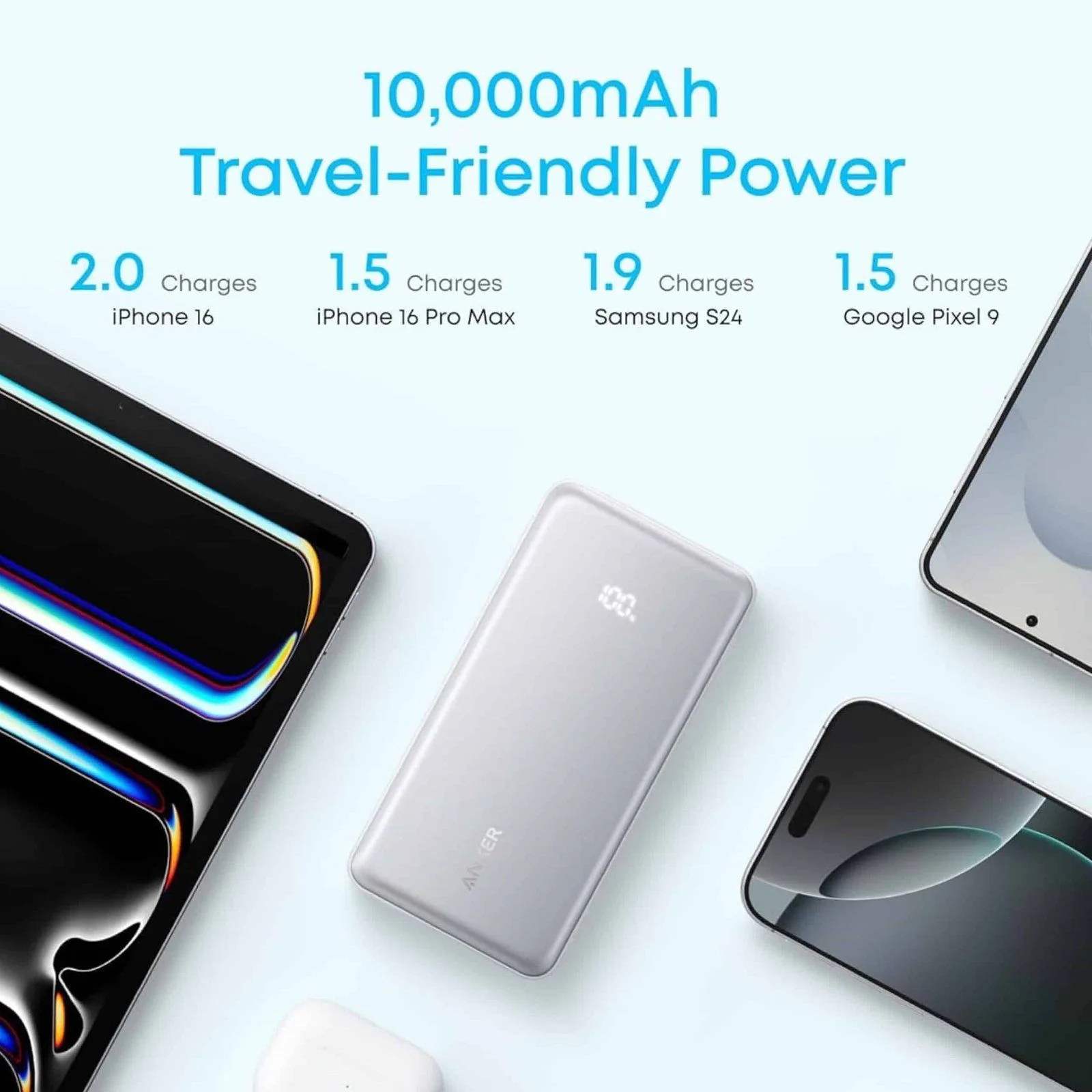 باور بانك Anker Zolo نحيف بكابل USB-C مدمج سعة 10000 مللي أمبير - قدرة 22.5 واط