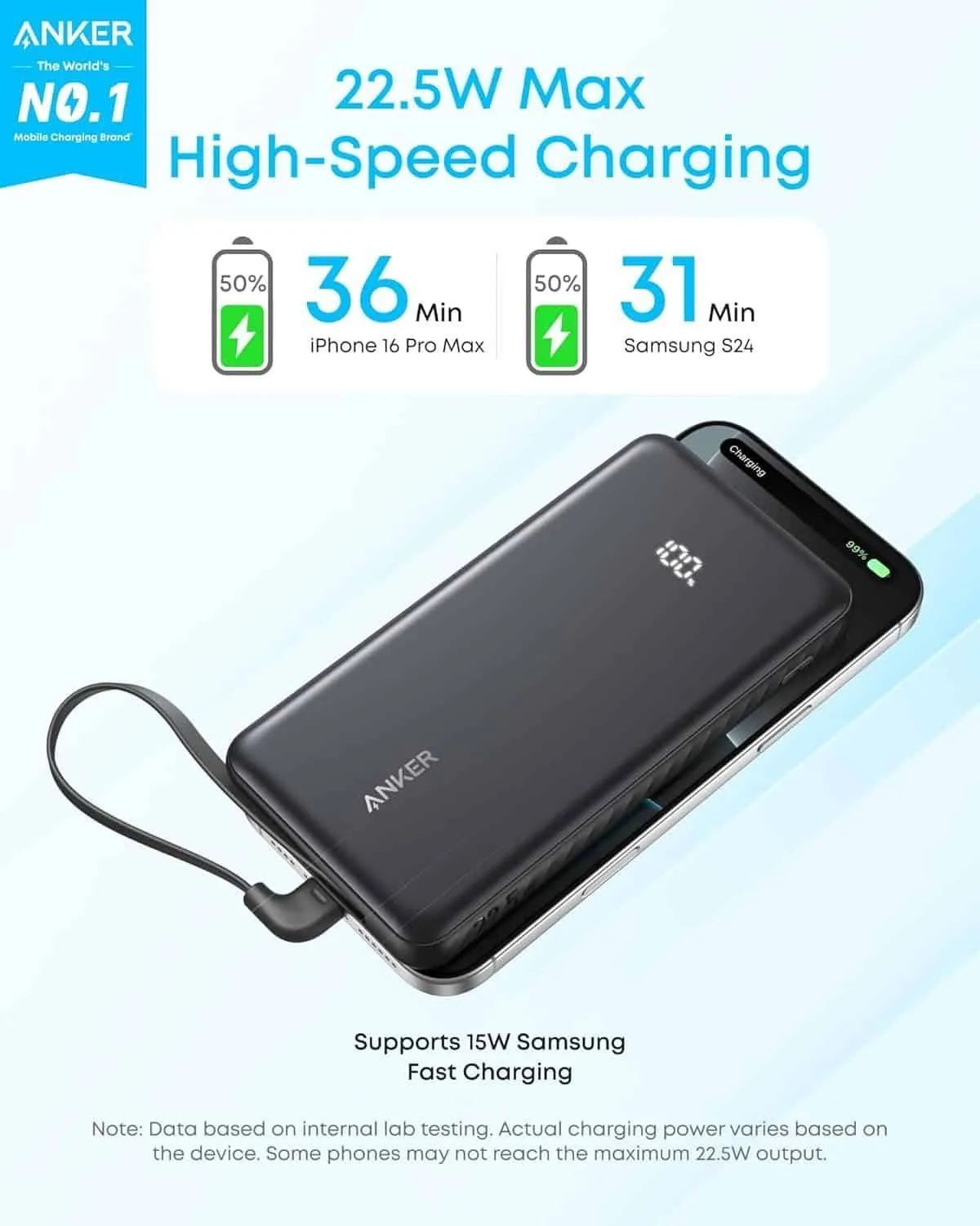 باور بانك Anker Zolo نحيف بكابل USB-C مدمج سعة 10000 مللي أمبير - قدرة 22.5 واط