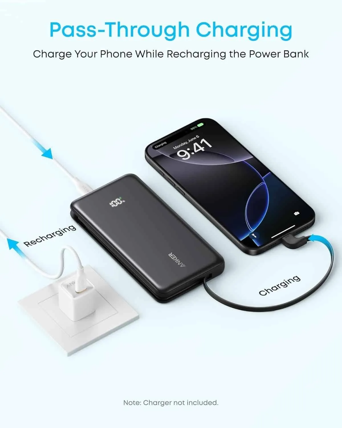باور بانك Anker Zolo نحيف بكابل USB-C مدمج سعة 10000 مللي أمبير - قدرة 22.5 واط