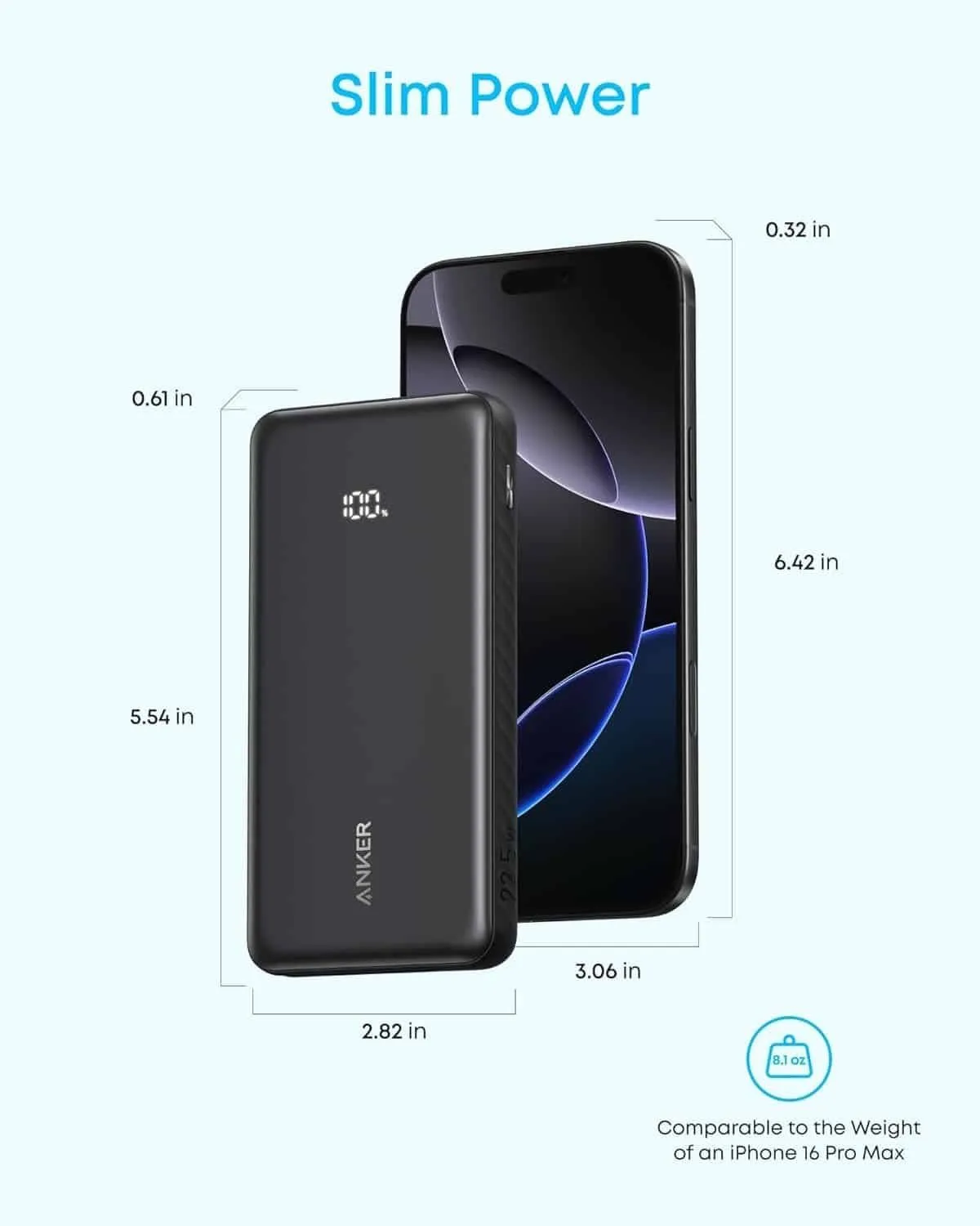 باور بانك Anker Zolo نحيف بكابل USB-C مدمج سعة 10000 مللي أمبير - قدرة 22.5 واط