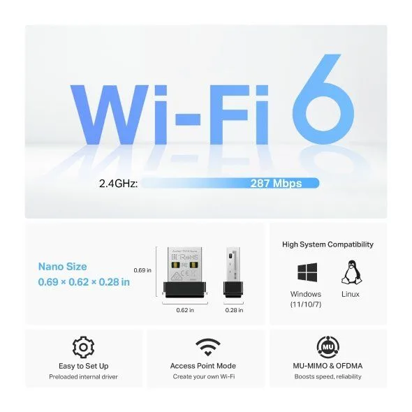 محوّل USB لاسلكي صغير TP-Link Archer TX1U Nano بتقنية Wi-Fi 6 AX300