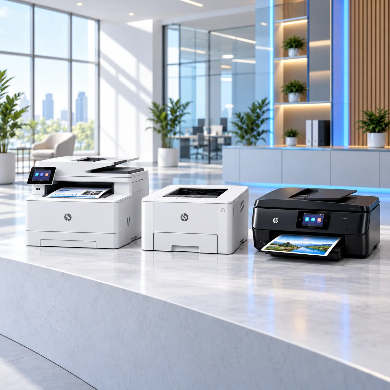 Three HP Printers in a Bright Showroom