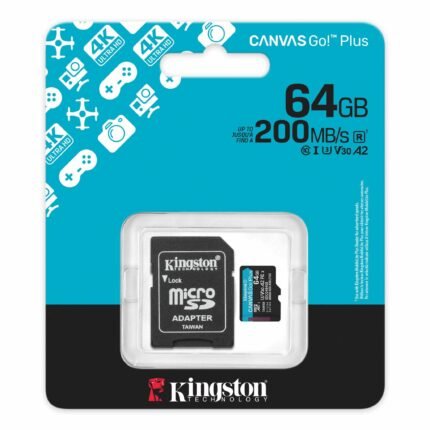 Kingston 64GB Memory Card MicroSDXC Canvas Go! Plus 200MB/s Class 10, UHS-I, U3, V30, A2 + Adaptor